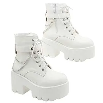 CYNLLIO Women's Ankle Boots Chain Gothic Platform Boots White Chunky Heel Booties