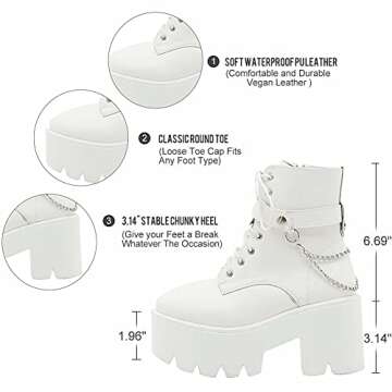 CYNLLIO Women's Ankle Boots Chain Gothic Platform Boots White Chunky Heel Booties