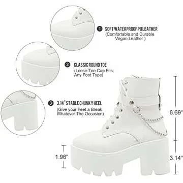 CYNLLIO Women's Ankle Boots Chain Gothic Platform Boots White Chunky Heel Booties