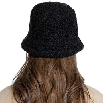 Womens Winter Bucket Hat Vintage Cloche Hats Warm Faux Fur Wool Outdoor Packable Fisherman Cap Black