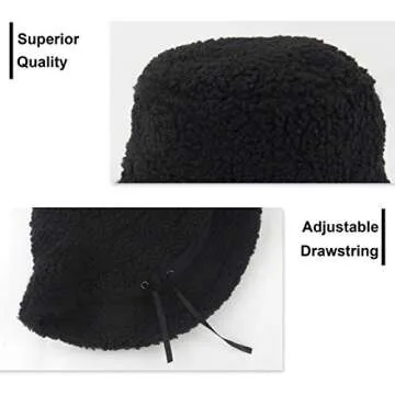 Womens Winter Bucket Hat Vintage Cloche Hats Warm Faux Fur Wool Outdoor Packable Fisherman Cap Black