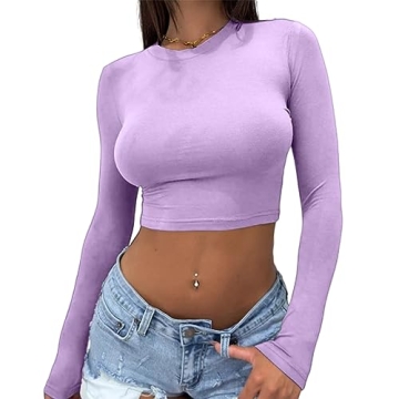 Abardsion Women's Sexy Long Sleeve Crop Top 2024 Crew Neck Fitted Tee