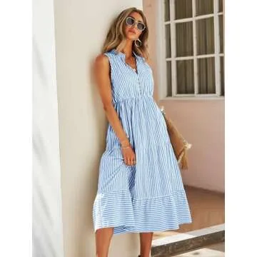 Floerns Striped Print Notched Neck Midi Dress for Women