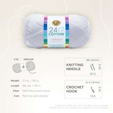 Lion Brand 24/7 Cotton Yarn, Lightweight Yarn for Knitting, Crocheting, and Crafts, White, 1 Pack