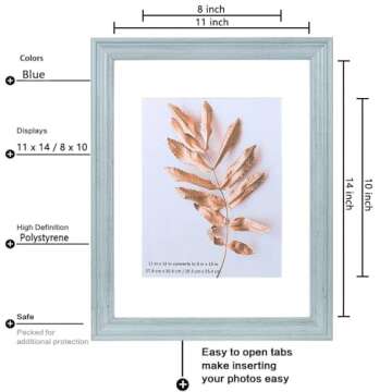 Hogaryo 11x14 Picture Frames Blue,Display Photos 8x10 with Mat or 11x14 Without Mat-HD Plexiglass Inside,Horizontal and Vertical Display for Wall 2 Pack