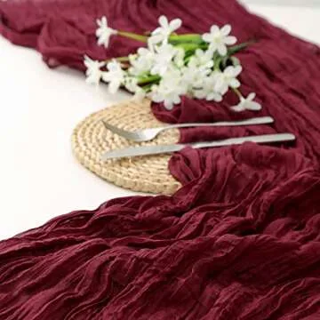 DOLOPL Christmas Table Runner Burgundy Cheesecloth Table Runner 13.3ft Boho Gauze Cheese Cloth Table Runner Rustic Sheer Runner 160inch Long for Christmas Wedding Bridal Shower Table Decorations