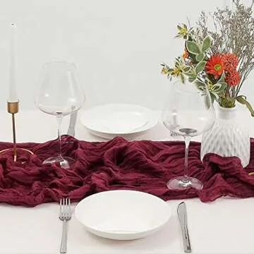 DOLOPL Christmas Table Runner Burgundy Cheesecloth Table Runner 13.3ft Boho Gauze Cheese Cloth Table Runner Rustic Sheer Runner 160inch Long for Christmas Wedding Bridal Shower Table Decorations