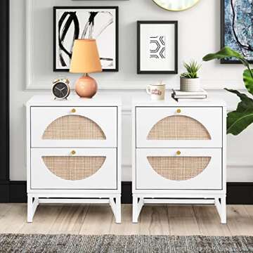 AWQM Rattan Nightstand Set of 2, End Side Table with 2 Rattan Drawers, Wood Square Bedside Table wit...