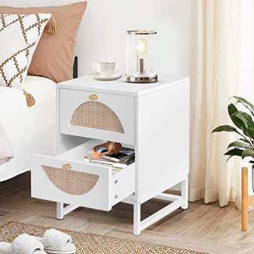 AWQM Rattan Nightstand Set of 2, End Side Table with 2 Rattan Drawers, Wood Square Bedside Table with Storage, Accent Sofa Table for Home Office Living Room Bedroom, White
