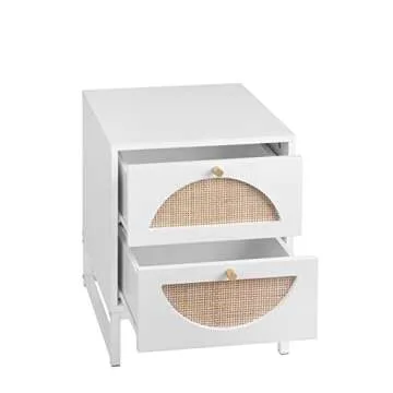 AWQM Rattan Nightstand Set of 2, End Side Table with 2 Rattan Drawers, Wood Square Bedside Table with Storage, Accent Sofa Table for Home Office Living Room Bedroom, White