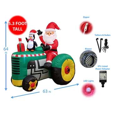 5.3 Foot Tall Christmas Inflatable Santa Claus Drive Tractor with Penguin LED Lights Outdoor Indoor ...