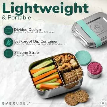 Everusely - Bento Box for Kids - Green, 6.5x4.7 / 27oz - Stainless Steel Lunch Box w/Leakproof Condiment Container - 3 Compartment Snack Box for School, Office Meals - Freezer & Dishwasher Safe