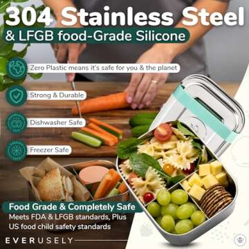 Everusely - Bento Box for Kids - Green, 6.5x4.7 / 27oz - Stainless Steel Lunch Box w/Leakproof Condiment Container - 3 Compartment Snack Box for School, Office Meals - Freezer & Dishwasher Safe