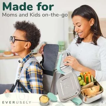 Everusely - Bento Box for Kids - Green, 6.5x4.7 / 27oz - Stainless Steel Lunch Box w/Leakproof Condiment Container - 3 Compartment Snack Box for School, Office Meals - Freezer & Dishwasher Safe