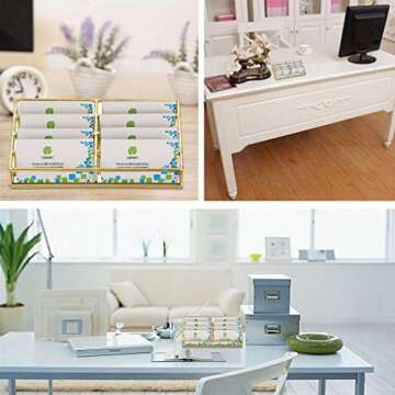 Hipiwe Glass Business Card Holder Stand 8 Slot Name Cards Display Storage Holder Gold Metal Business...