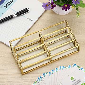 Hipiwe Glass Business Card Holder Stand 8 Slot Name Cards Display Storage Holder Gold Metal Business Cards Organizer for Office Desktop Countertop