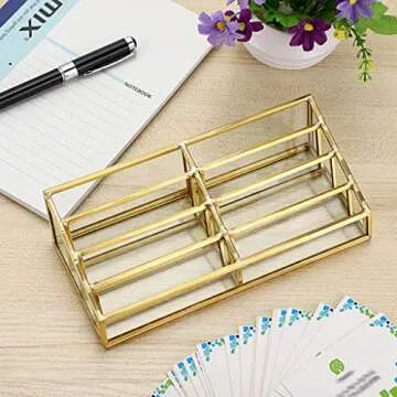 Hipiwe Glass Business Card Holder Stand 8 Slot Name Cards Display Storage Holder Gold Metal Business Cards Organizer for Office Desktop Countertop