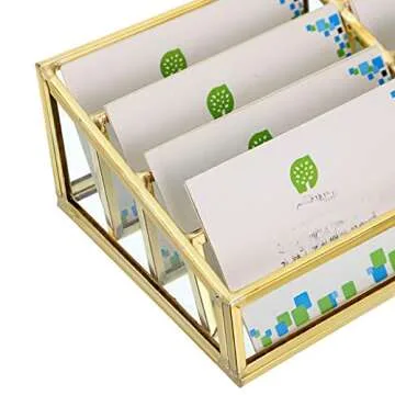 Hipiwe Glass Business Card Holder Stand 8 Slot Name Cards Display Storage Holder Gold Metal Business Cards Organizer for Office Desktop Countertop