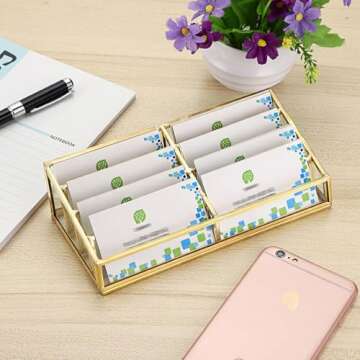 Hipiwe Glass Business Card Holder Stand 8 Slot Name Cards Display Storage Holder Gold Metal Business Cards Organizer for Office Desktop Countertop