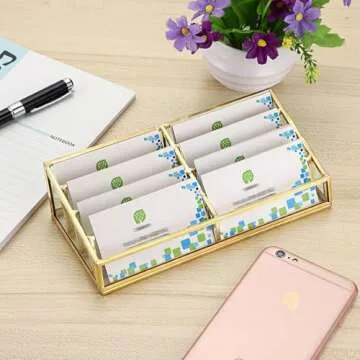 Hipiwe Glass Business Card Holder Stand 8 Slot Name Cards Display Storage Holder Gold Metal Business Cards Organizer for Office Desktop Countertop