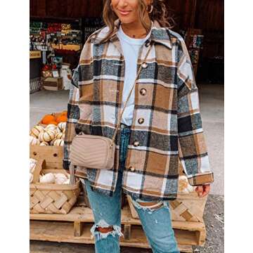 Lentta Women's Flannel Plaid Shacket Jacket Casual Fall Wool Blend Button Up Shirt Coat(Khaki-M)