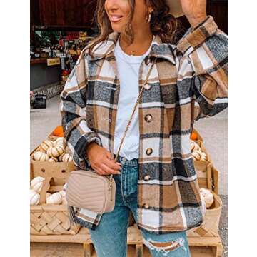 Lentta Women's Flannel Plaid Shacket Jacket Casual Fall Wool Blend Button Up Shirt Coat(Khaki-M)