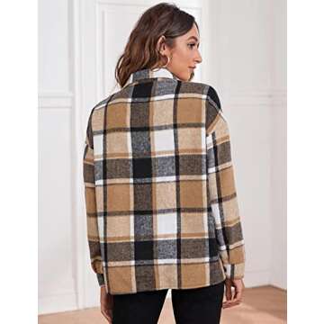 Lentta Women's Flannel Plaid Shacket Jacket Casual Fall Wool Blend Button Up Shirt Coat(Khaki-M)