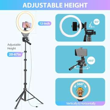 Sensyne 12-inch Ring Light with 67-inch Selfie Stick, Tripod and Phone Holder, Selfie Remote Control Circle Light for Live Stream/Video Recording/TikTok, Compatible with All Phones and Cameras