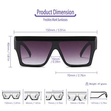 Freckles Mark Trendy Square Aviator Thick Oversized Sunglasses Womens Mens Designer Cat Eye Sun Glasses (Black, 70)