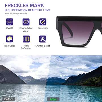Freckles Mark Trendy Square Aviator Thick Oversized Sunglasses Womens Mens Designer Cat Eye Sun Glasses (Black, 70)