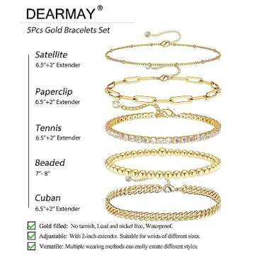 DEARMAY Gold Bracelets for Women 14K Real Gold Jewelry Sets for Women Cute Tennis Beaded Bracelets for Women Cuban Link Paperclip Chain Dainty Bracelet Pack Gifts for Women