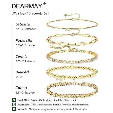DEARMAY Gold Bracelets for Women 14K Real Gold Jewelry Sets for Women Cute Tennis Beaded Bracelets for Women Cuban Link Paperclip Chain Dainty Bracelet Pack Gifts for Women