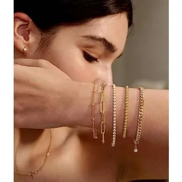 DEARMAY Gold Bracelets for Women 14K Real Gold Jewelry Sets for Women Cute Tennis Beaded Bracelets for Women Cuban Link Paperclip Chain Dainty Bracelet Pack Gifts for Women