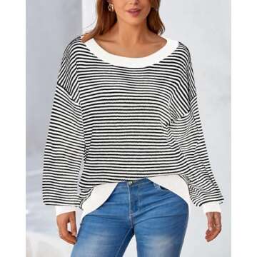 Zenlonr Women's 2025 Fall Winter Striped Sweater Long Sleeve Off Shoulder Loose Knit Pullover Tops(White,Medium)