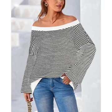 Zenlonr Women's 2025 Fall Winter Striped Sweater Long Sleeve Off Shoulder Loose Knit Pullover Tops(White,Medium)