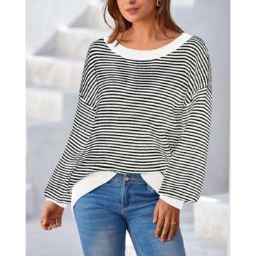 Zenlonr Women's 2025 Fall Winter Striped Sweater Long Sleeve Off Shoulder Loose Knit Pullover Tops(White,Medium)