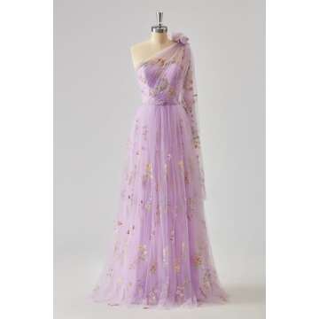 Cudiew Women’s One Shoulder Long Flower Embroidery Tulle Prom Dress Sleeveless Formal Evening Part...