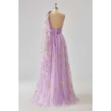Cudiew One Shoulder Flower Embroidery Tulle Prom Dress