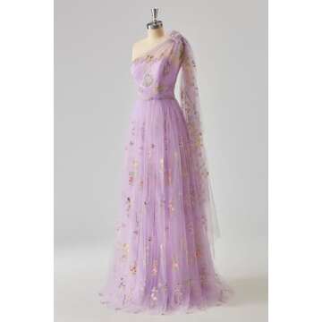 Cudiew One Shoulder Flower Embroidery Tulle Prom Dress
