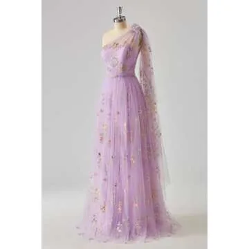 Cudiew One Shoulder Flower Embroidery Tulle Prom Dress