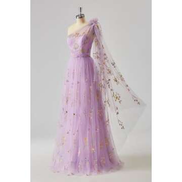Cudiew One Shoulder Flower Embroidery Tulle Prom Dress