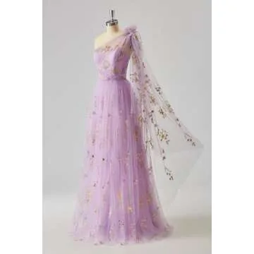 Cudiew One Shoulder Flower Embroidery Tulle Prom Dress