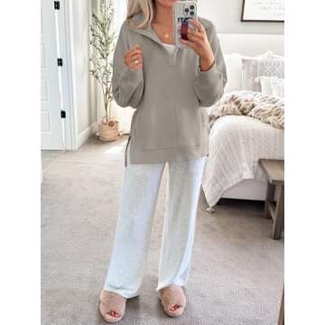 ANRABESS Women Long Sleeve Polo V Neck Split Casual Loose Fit 2025 Fall Tunic Pullover Sweatshirts with Pockets Khaki Small