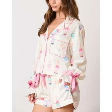 SOOKABEILA Women Christmas Y2k Pajamas Bow Tie Long Sleeve Shirt and Ruffle Shorts Cute 2 Piece Xmas Print Sleepwear (White,S)