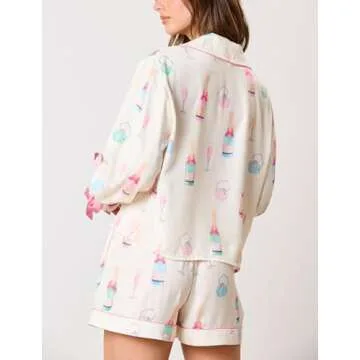 SOOKABEILA Women Christmas Y2k Pajamas Bow Tie Long Sleeve Shirt and Ruffle Shorts Cute 2 Piece Xmas Print Sleepwear (White,S)