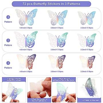 72 Pcs Butterfly Decorations, 3 Sizes 3 Styles Butterfly Wall Decor, Butterfly Party Decorations, Bi...