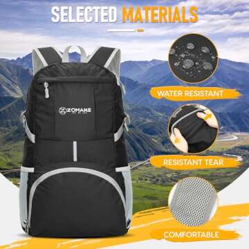 ZOMAKE Lightweight Packable Backpack 35L, Light Foldable Backpacks Water Resistant Collapsible Hiking Bag, Compact Folding Day Pack for Travel Camping(Black)