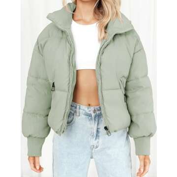 Lianlive Womens Cropped Puffer Jacket Oversized Black Short Puffy Winter Coat (Green-M)