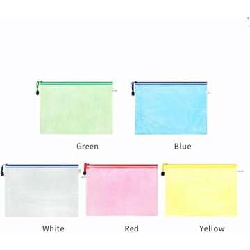 10 pcs A4 Zip File Folder Bag Waterproof Zipper Bag Mesh Document Bag Storage Pouch with Zipper - for Office Supplies, Family, School, Travel Storage Bags - 5 Colors Red, Blue, Yellow, Green, Clear