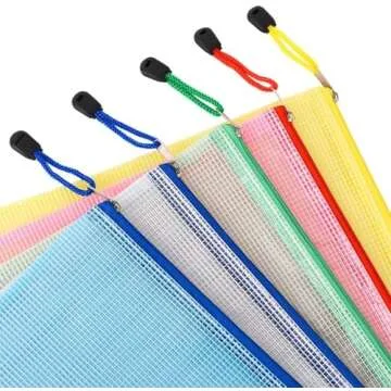 10 pcs A4 Zip File Folder Bag Waterproof Zipper Bag Mesh Document Bag Storage Pouch with Zipper - for Office Supplies, Family, School, Travel Storage Bags - 5 Colors Red, Blue, Yellow, Green, Clear